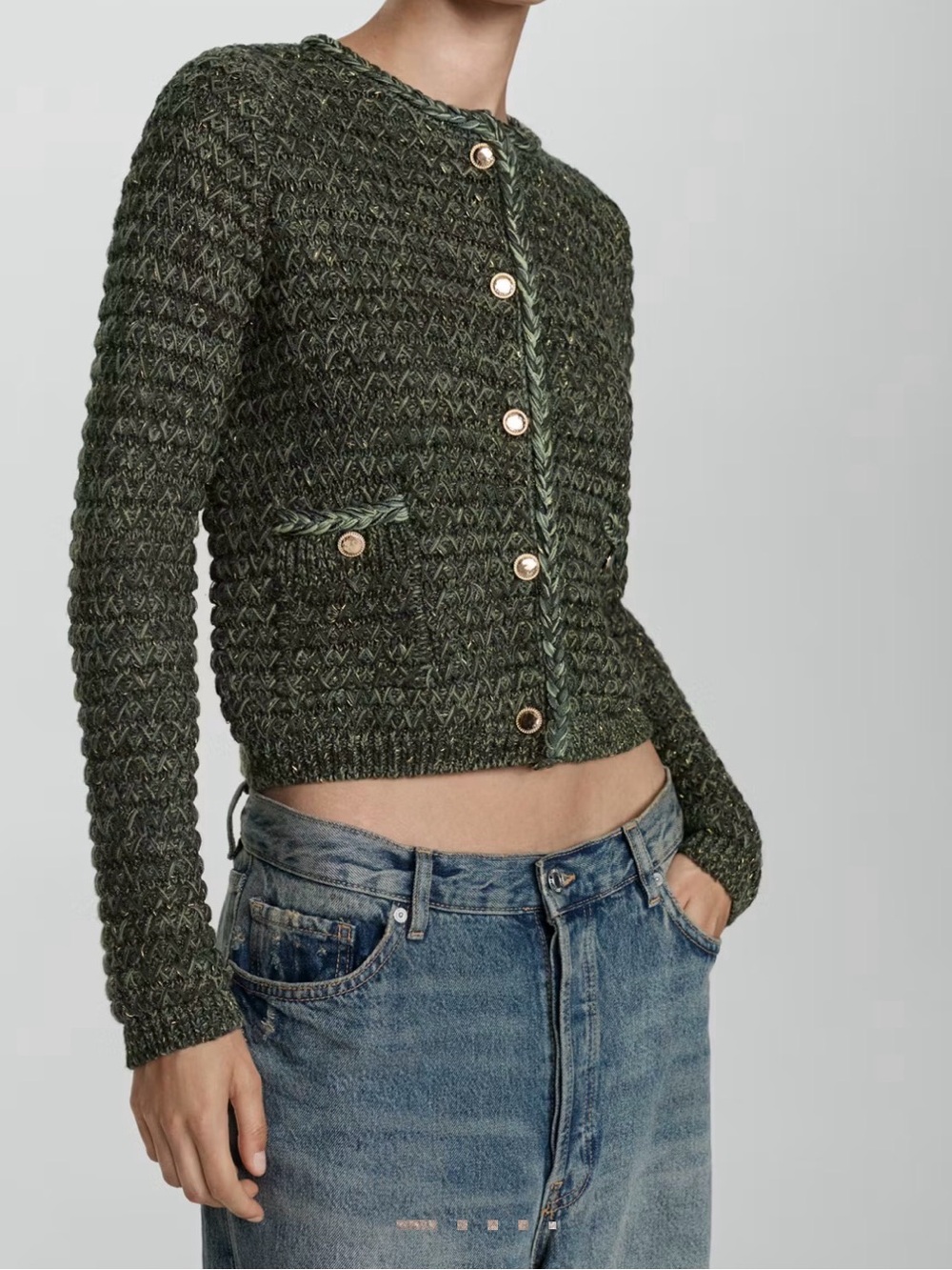 Mango Lurex Chunky Knit Olive Green Knit Cardigan